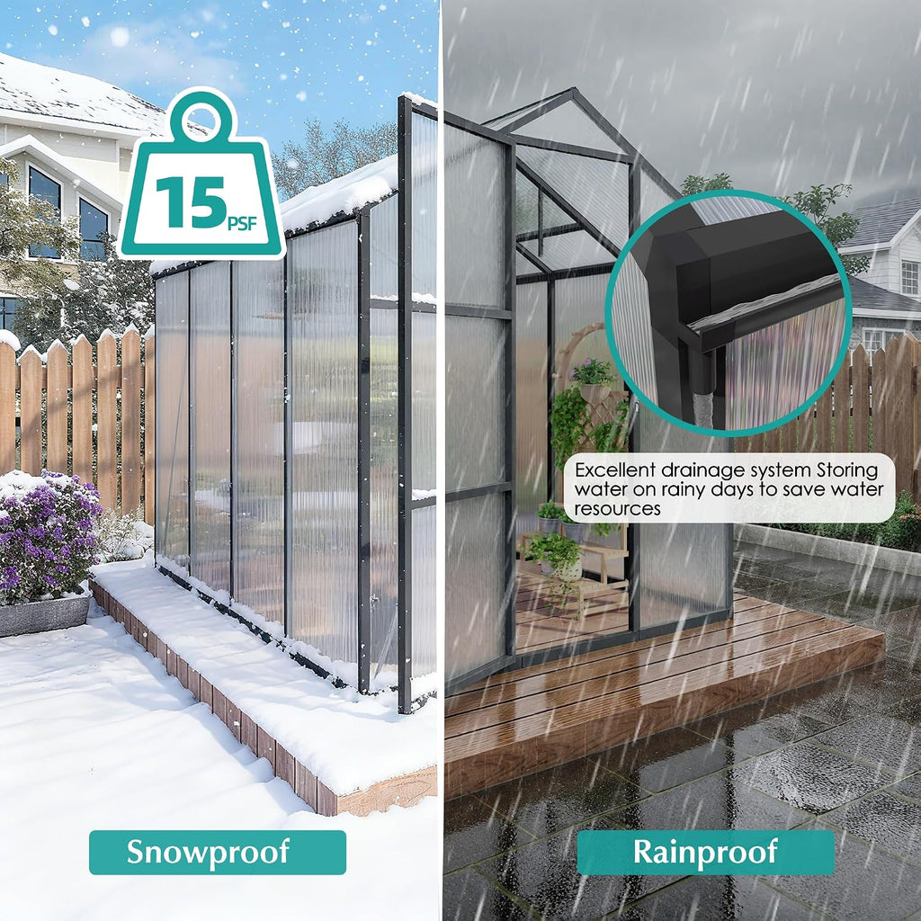 Walk-in Greenhouse 6x14FT, Aluminum Frame Polycarbonate Green House Kit, Heavy-Duty Plant Shelter with Vent Windows &