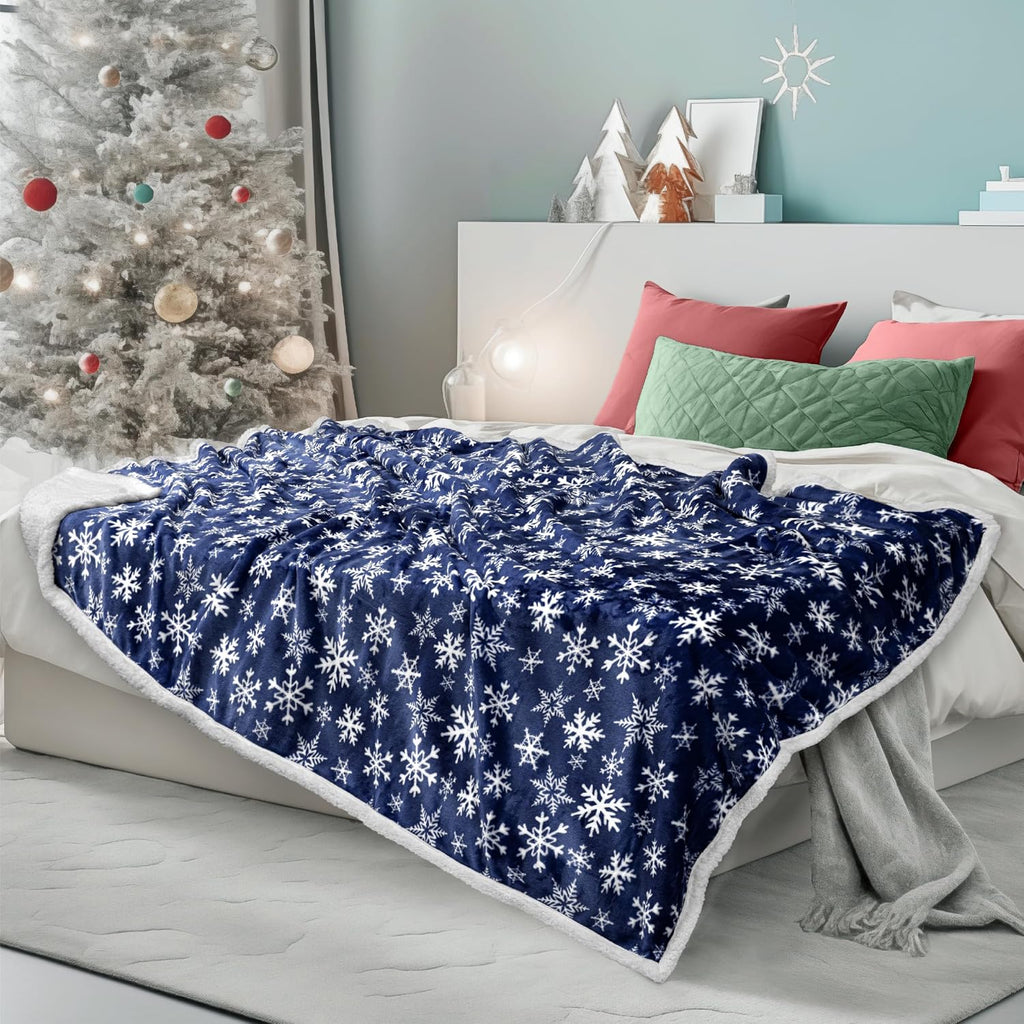 Blue Snowflake Christmas Sherpa Throw Blanket, Reversible Fleece Sherpa Cozy Holiday Blanket 50x60, Soft Winter Throw