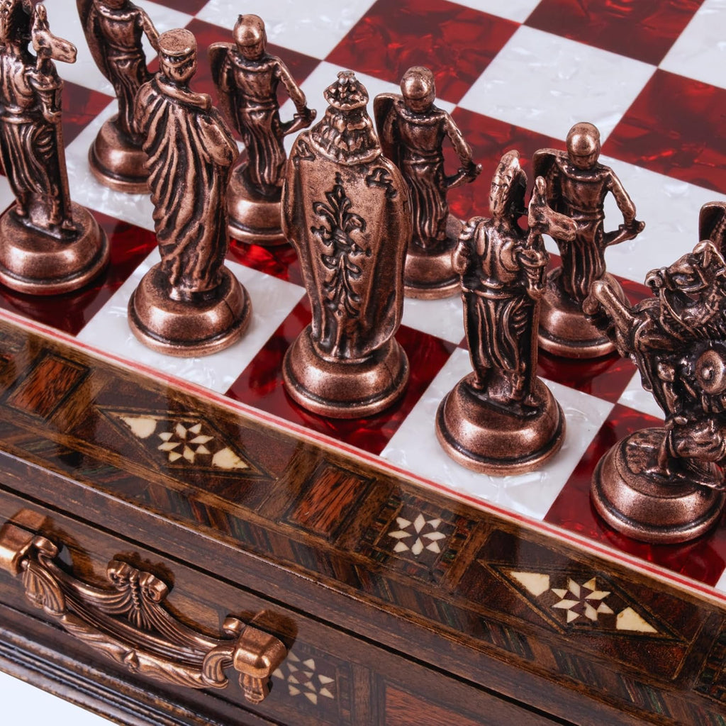15-Inch Handmade Wooden Chess Set, Metal Pieces & Storage, Red