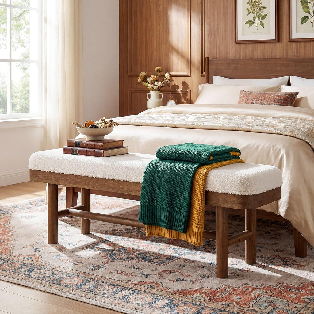 55" Upholstered Bedroom Bench, Solid Wood End of Bed Bench, Modern Indoor Bench with Cushion , White & Brown