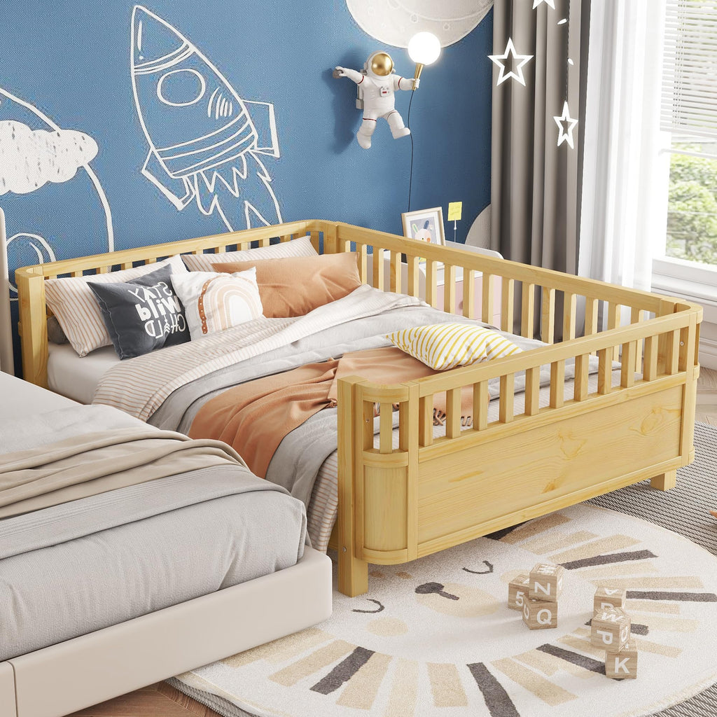 Full Size Wood Floor Bed, Montessori Platform Daybed Frame with Safety Rails & Low Profile, Space Saving U-Shaped