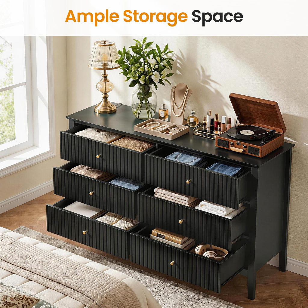 Black 6 Drawer Dresser, Fluted Dresser