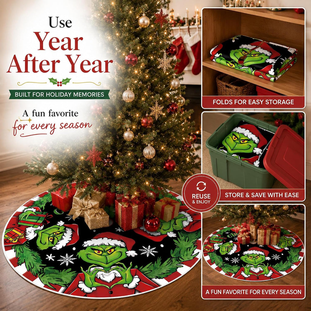48 Inch Christmas Tree Skirt, Green Character Holiday Tree Skirt with Merry