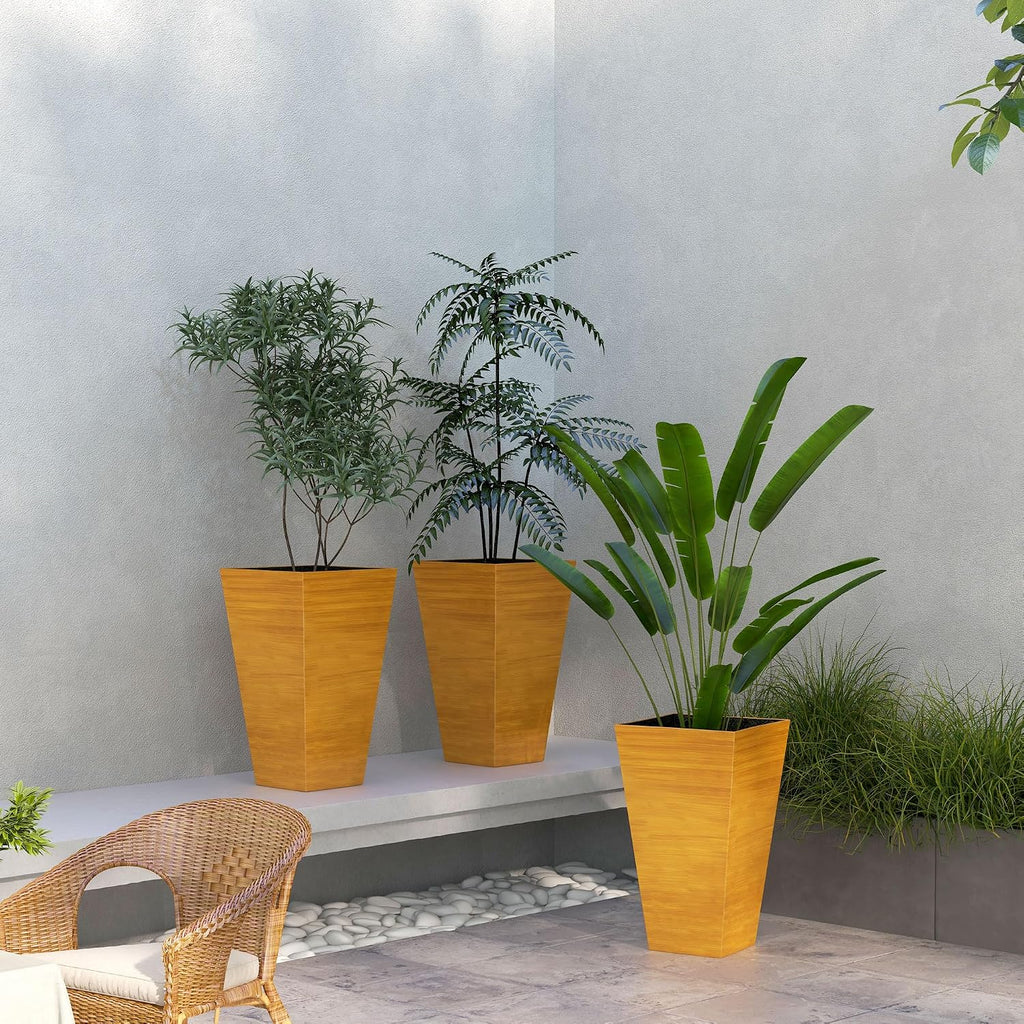 Outdoor Planters,Set of 3 Taper Planters with Drainage Holes and Plug,Faux Wood Flower Pots for