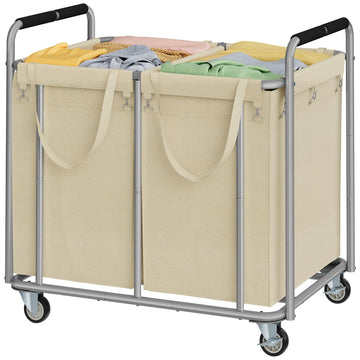 2-Section Heavy Duty Laundry Sorter Cart with Wheels 450L, Kahki