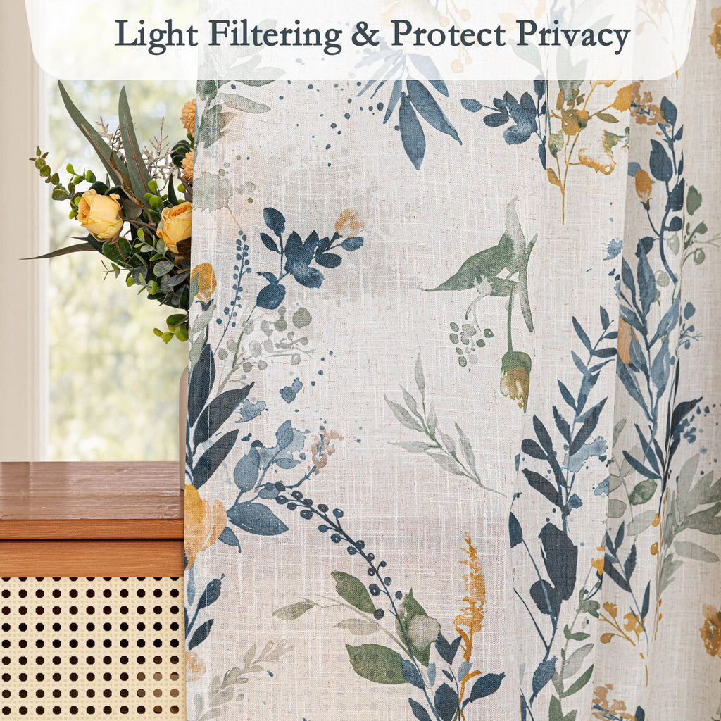 Floral Linen Kitchen Tier Curtains 30 Inch Long 2 Panels