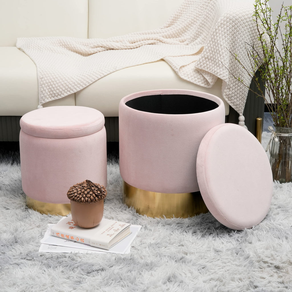 Round Storage Ottoman, Pink Velvet Ottoman with Storage, Upholstered Ottoman Foot Rest Stool with Gold Plating Base