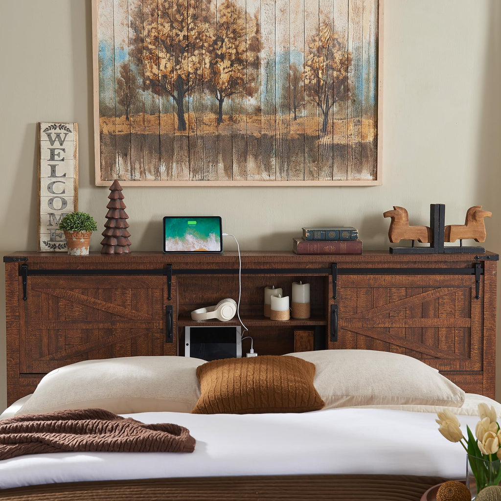 Farmhouse Queen Size Bed Frame w/Storage Bookcase Headboard, Sliding Barn Door, Charging Station, Rustic Wood