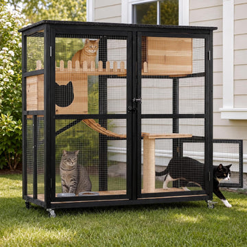 Cat Catio Outdoor Cat Enclosure, Multi-Level Wooden Cat House with Wheels