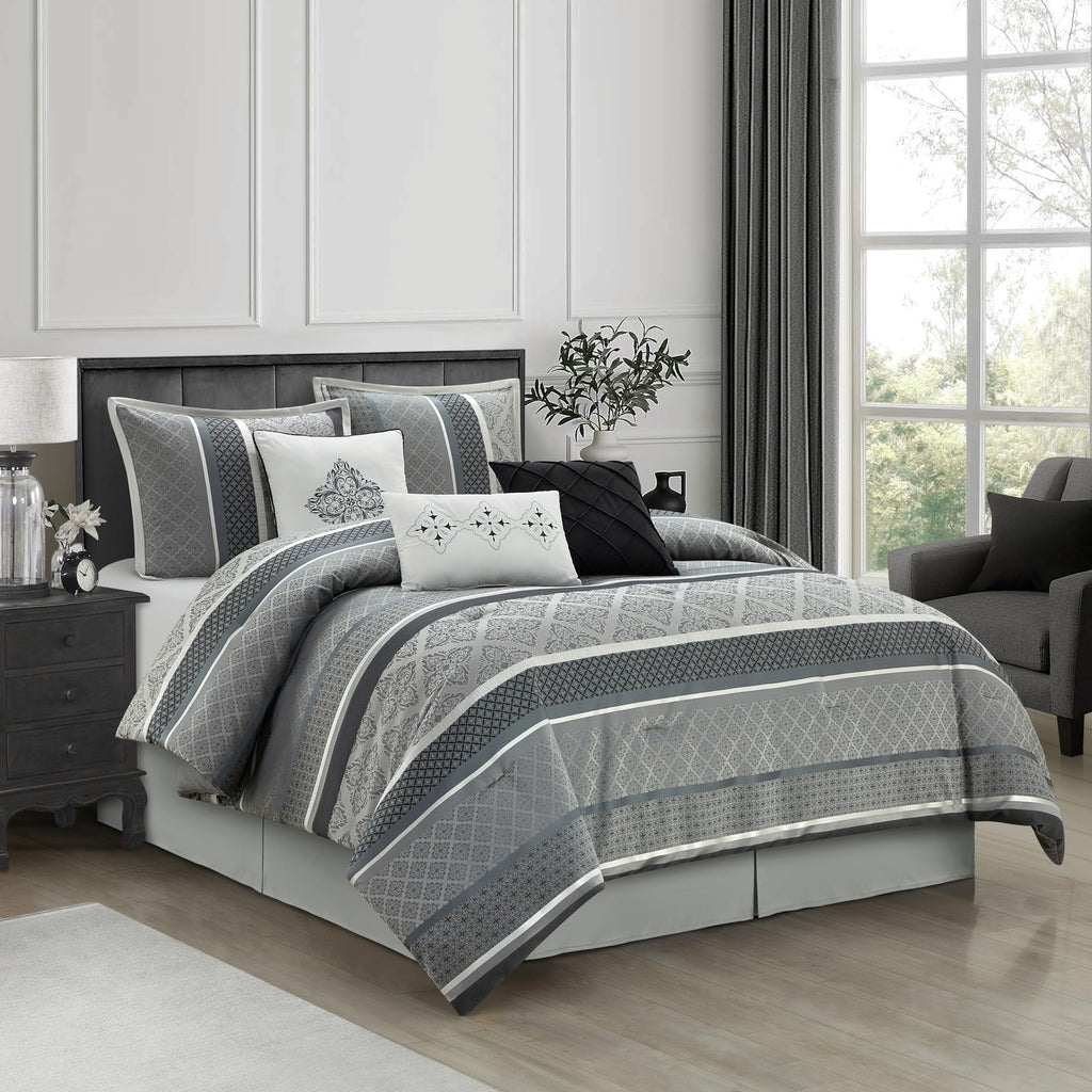 Jacquard 7 Piece Comforter Set, Grey, Bed Size Queen, Geometric Bedding Set, Matching Shams, Bedskirt, Decorative