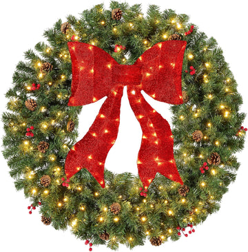 30in Pre-Lit Christmas Wreath w/Berries & Pinecones, Large Artificial Indoor/Outdoor Decor for Door, Mantel w/Red