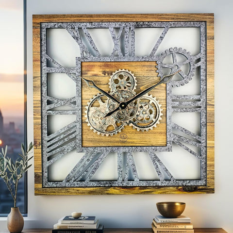 ImprovingLife The Gears Clock 24'' Inch Square Real Moving Gear Wall Clock Vintage Industrial Oversized Rustic Farmhouse (Wood and Stone)