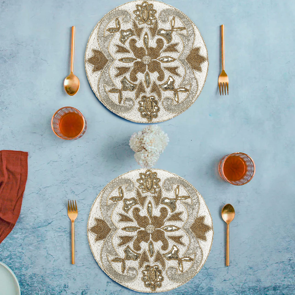 Beaded Charger Placemats Set of 2, 13" -Silver Gold Ivory