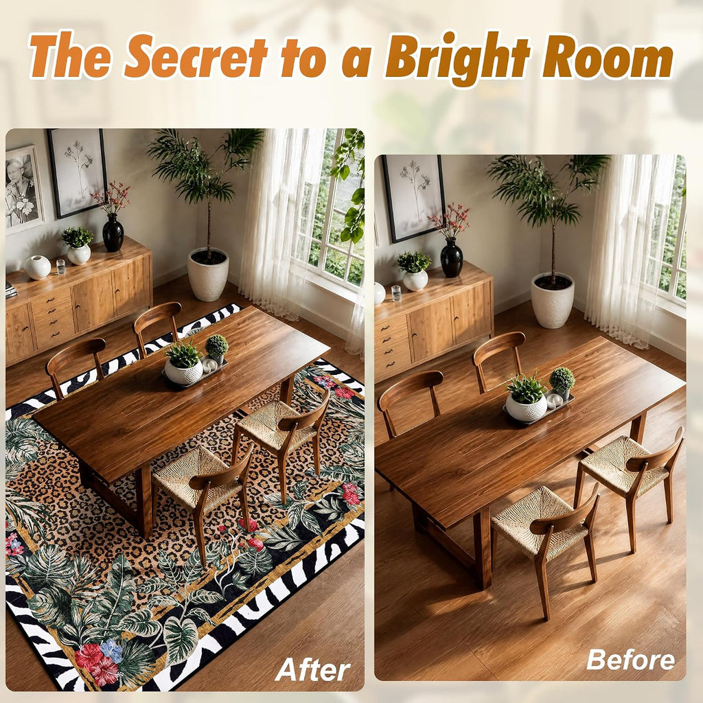 Leopard Area Rugs, Washable Cheetah Rug with Zebra-Striped Border, Non-Slip Low Pile Animal Print Carpet