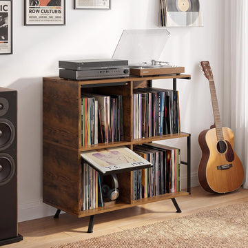 Flip Top Record Player Stand with Vinyl Storage Up to 300+ Albums