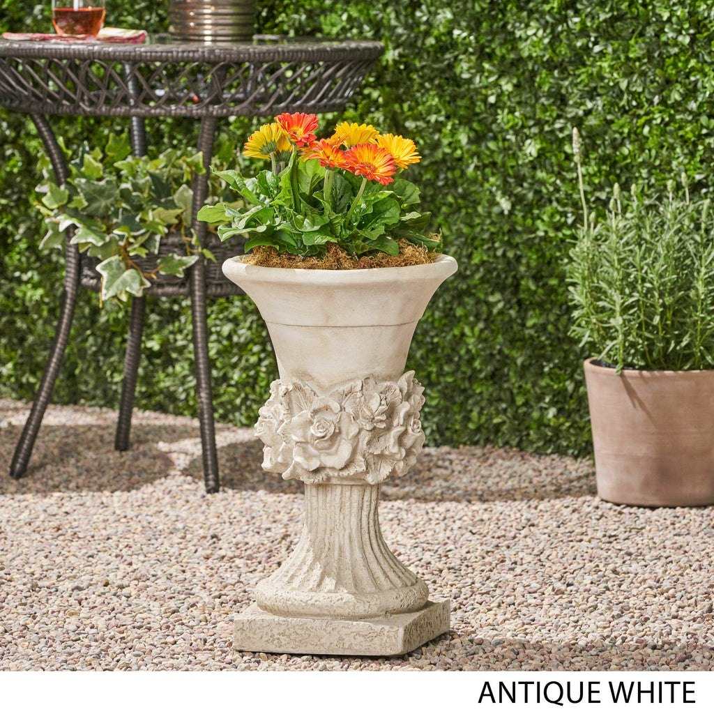 Michaelia Chalice Garden Urn Planter, Roman, Botanical, Antique White Lightweight Concrete