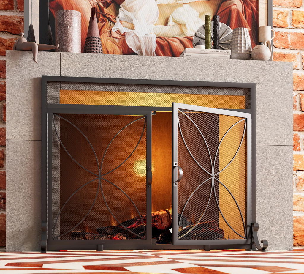 Magnetic Double Door Black Wrought Iron Fireplace Screen Guard