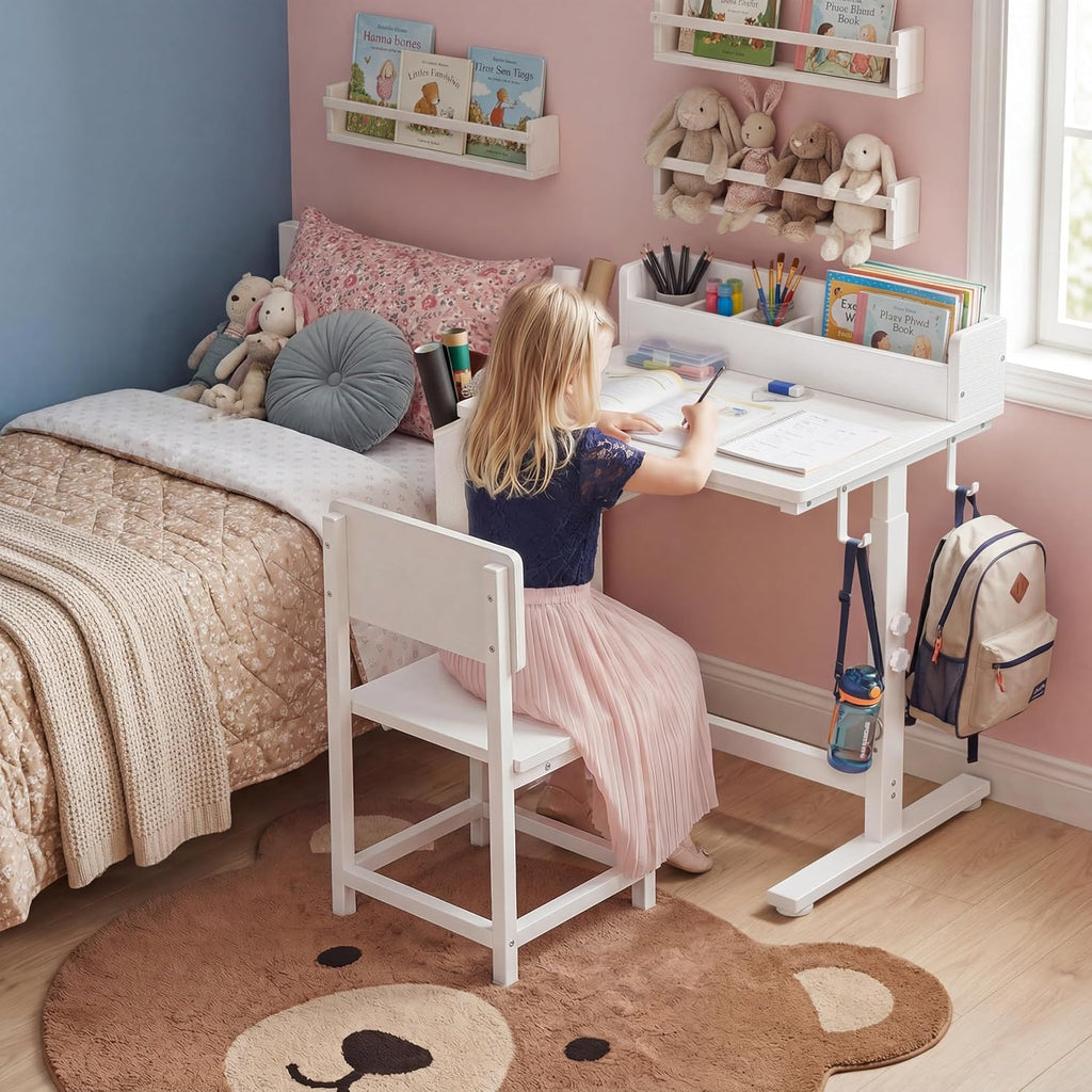 Height Adjustable Kids Desk and Chair Set for 5-8 Year Old, White Desk for Kids, Small Wood Child Study Table