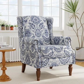Wingback Accent Chair with Wood Legs, Navy Blue, Set of 1 | High Back with Side Wings | Armrest Nailhead Trim | Solid