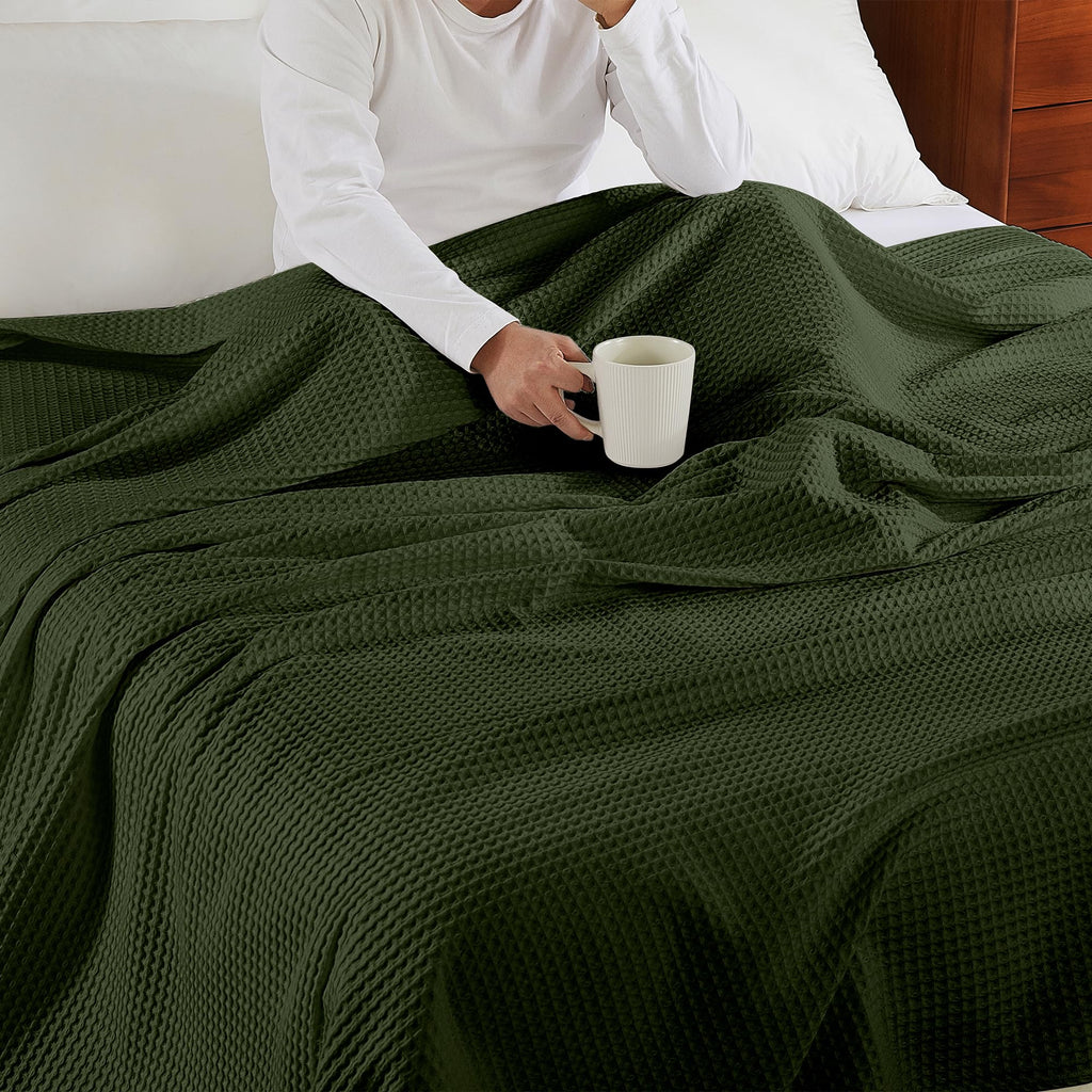 100% Cotton Waffle Throw Blanket for Bed King Size Olive Green, 104" x 90"