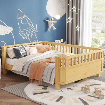 Platform Bed with Fence, Low Bed Frame with Detachable Side Bed Rails, Wooden Montessori Beds for