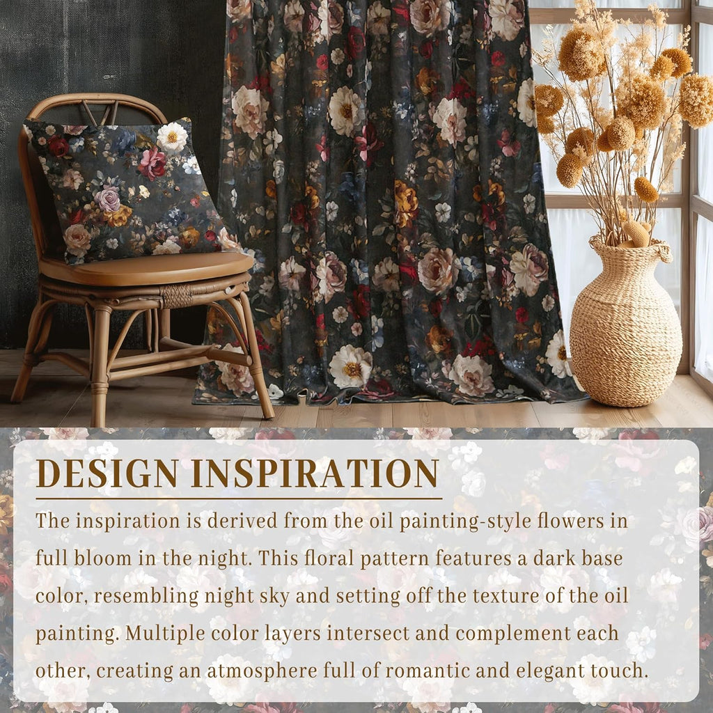 Floral Velvet Curtains 96 inches Long, Retro Blossom Printed Drapes with Energy Saving Luxury Decorative Floor to