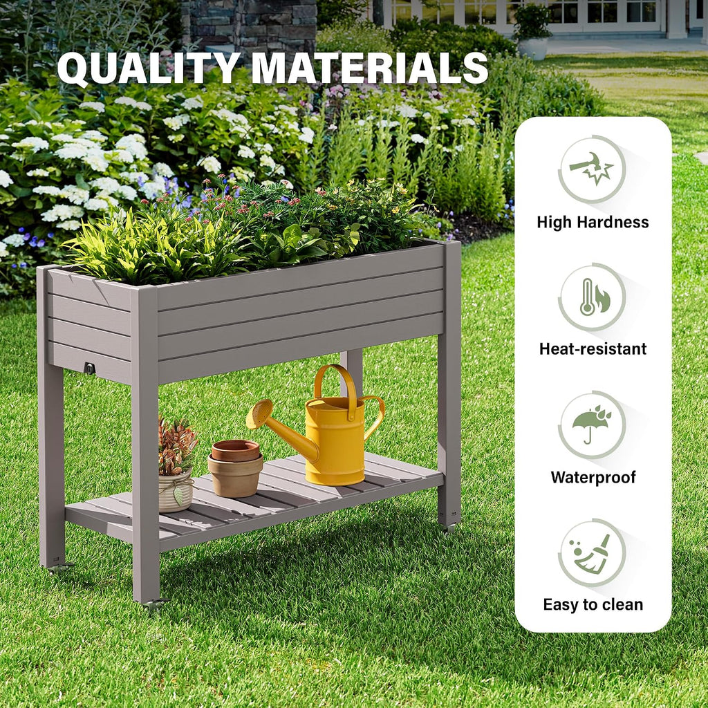 33.7" Tall Raised Garden Bed with Wheels, Divisible Plastic Planter Box with Drainage Gauge & Storage Shelf, Herb