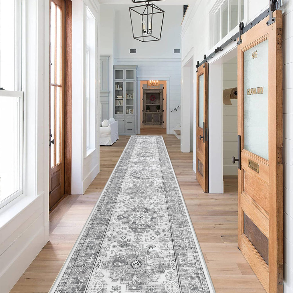 Hallway Runner Rug 2'6'' x 14', Washable Kitchen Runner, Vintage Grey