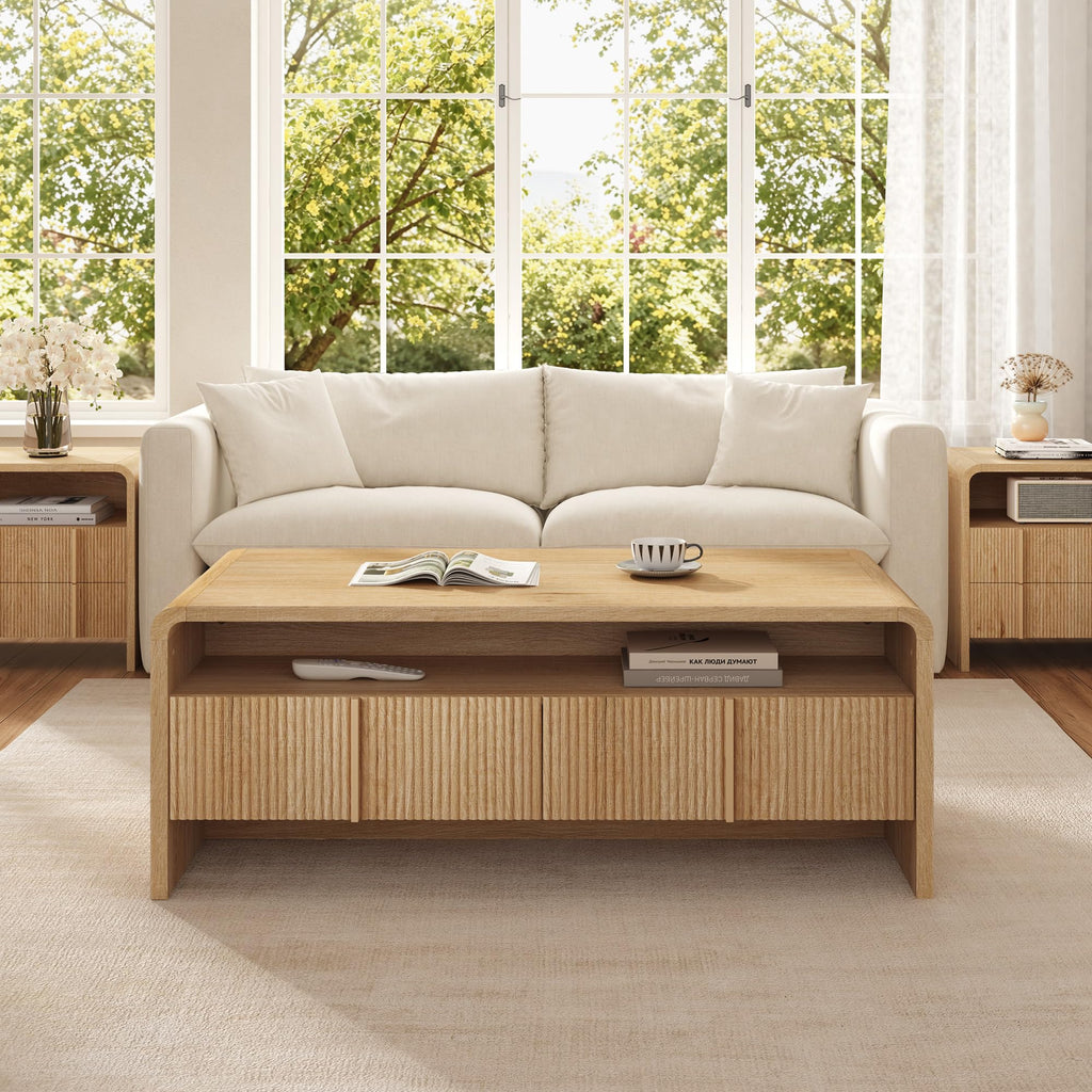 39.4" Fluted Coffee Table with 2 Drawers, Natural Oak
