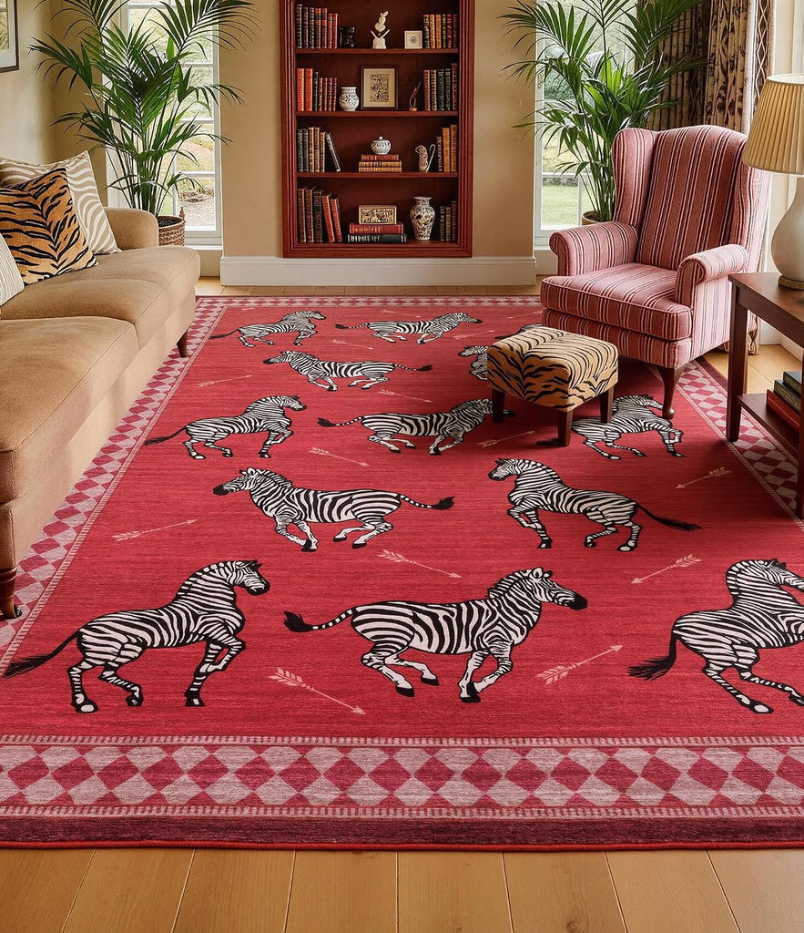 Red Zebra Area Rugs, Washable Animal Print Rug with Checkered Border, Non-Slip Low Pile Mid-Century Modern Carpet