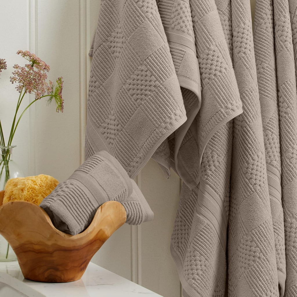 100% Cotton Bath Towel Set | 4-Pack | Textured | Brown | Luxury Geometric Design | Absorbent & Quick-Dry Bathroom