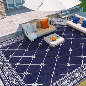 Outdoor Rug 8'x10' s, Waterproof Trellis Blue & White Outside Mat for Front Porch,Beach, Reversible Plastic Straw