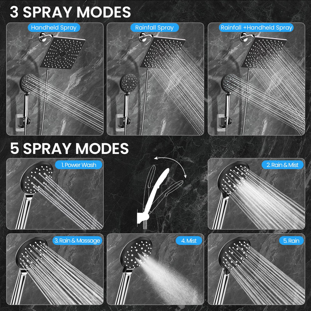 Multi-Function Rain Shower Head with Handheld, High Pressure, Square