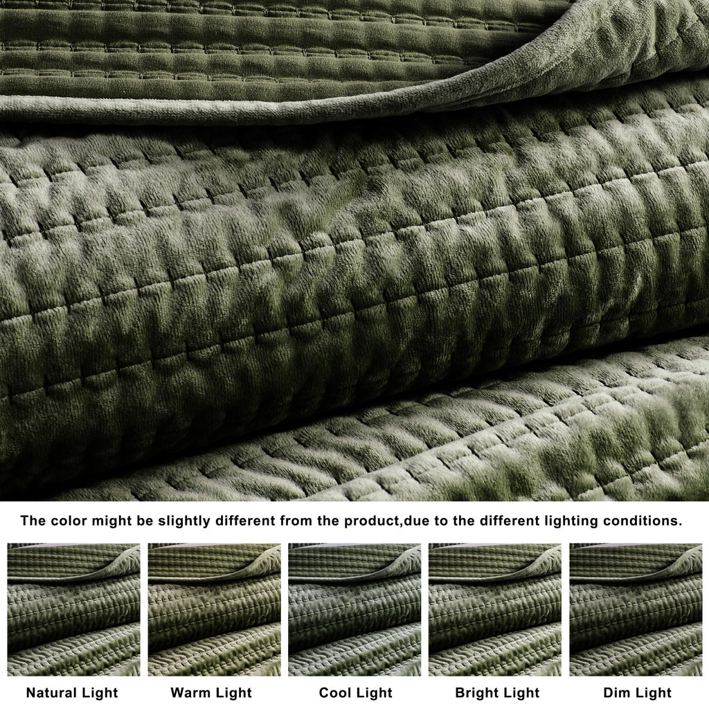 Velvet California Oversized Quilt Set - Olive Green Striped Pick Stitch Soft Lightweight Bedspread
