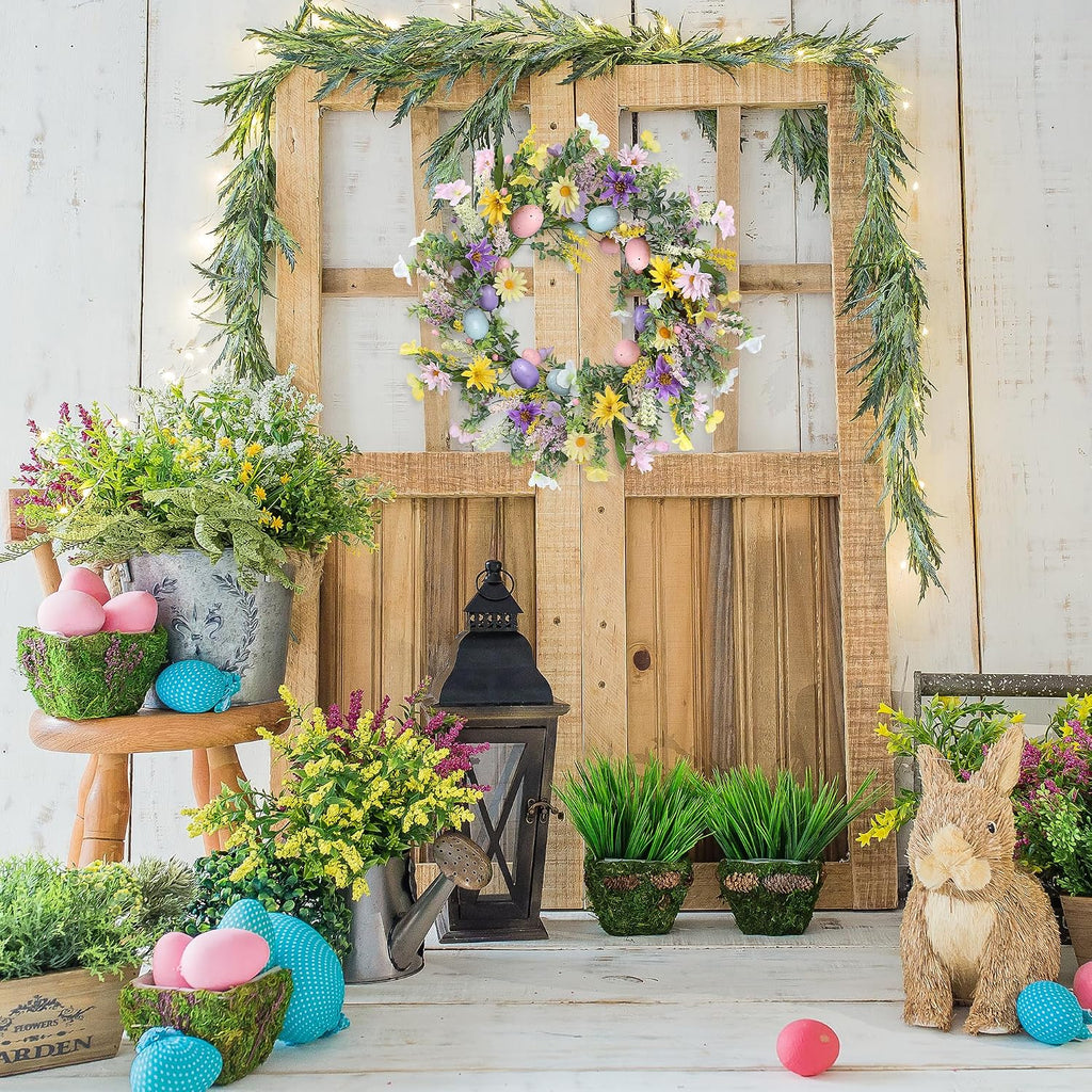 20 Inch Easter Wreath with Spring Artificial Flower Colorful Eggs Daisies Lavender Eucalyptus Leaves for Front Door