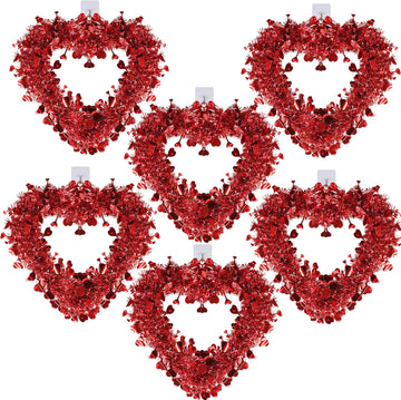 Red Valentine Heart Wreaths Tinsel Heart Shaped Wreaths with Foil Hearts Hanging Valentine's Day Wreaths - Set of 6