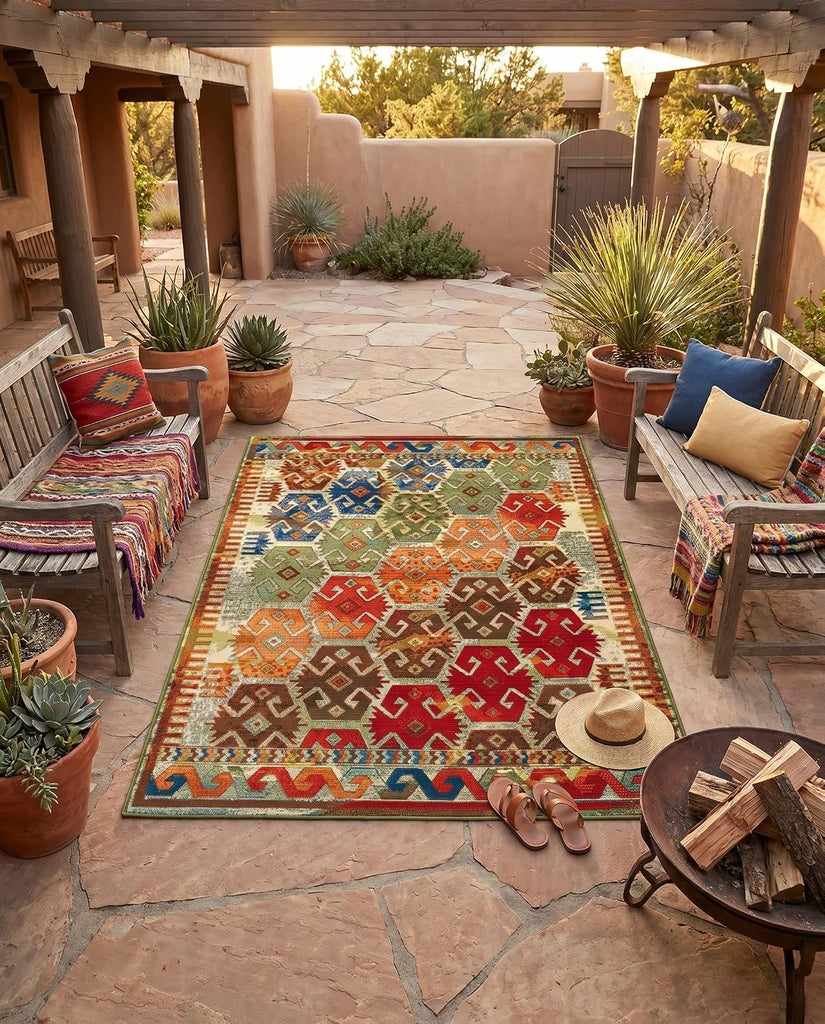 Outdoor Southwestern Collection Rug - Multi Flatweave-Pile Rug Perfect s, Kitchens, Breakfast Nooks, Accent Pieces