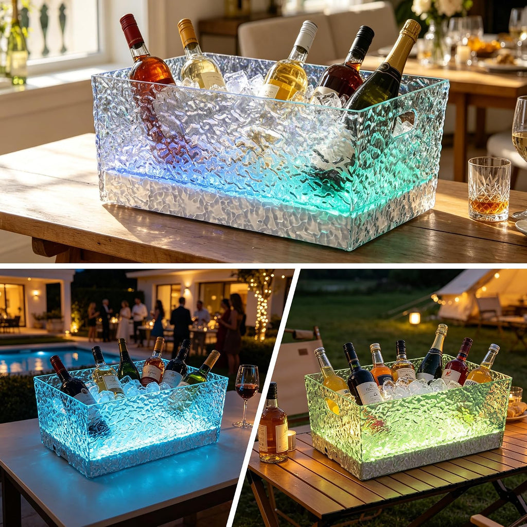 LED Acrylic Ice Buckets for Parties, 15L Lighted Beverage Tub with Rechargeable, 7-Color Large Champagne Bucket