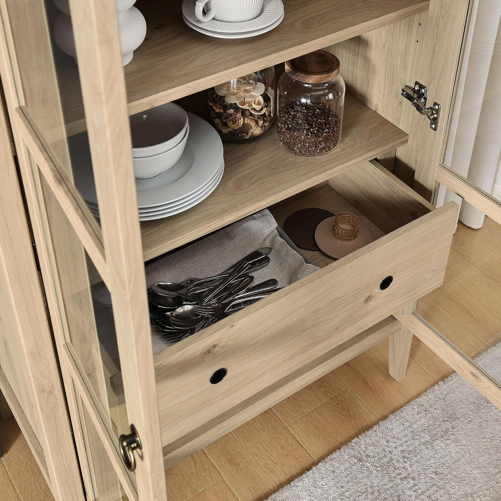 Nolan Modern Farmhouse 71 Inch Tall Arched Storage Display Cabinet in Light Oak Wood Grain - 4-Tier Bookcase with
