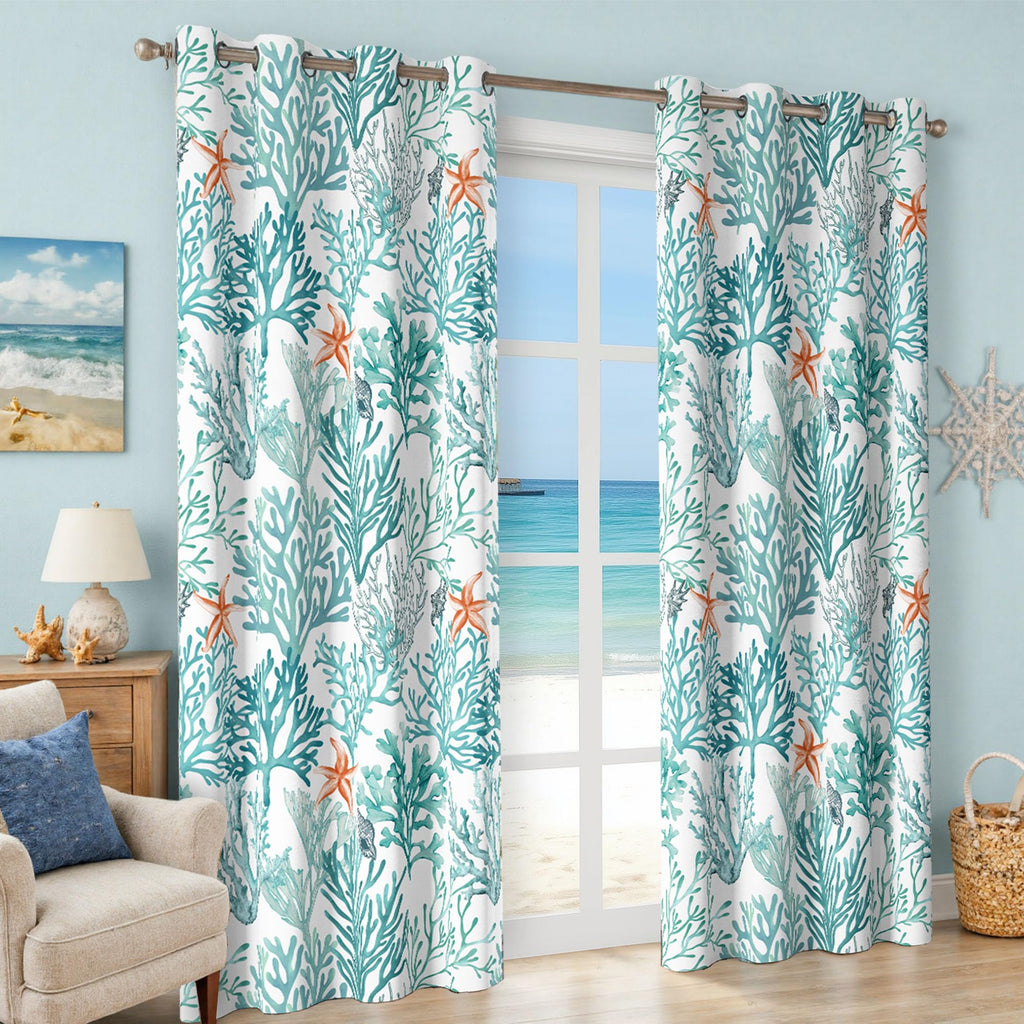 Coastal Beach Curtains 2 Panels Set Nautical Ocean Patterned Themed Thermal Insulating 50% Light Blocking Room