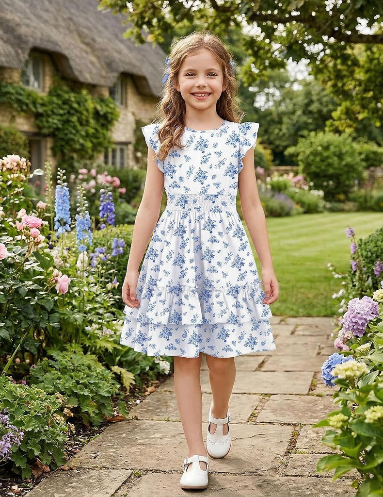 Girls Dresses Flutter Sleeve A-Line Sundress Casual Summer Tiered Swing Midi Pocket Dress