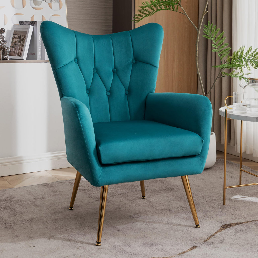 Modern Chic Mid-Century Velvet Accent Armchair, or Home Office, Button-Tufted Wingback Design with Gold Flared Legs