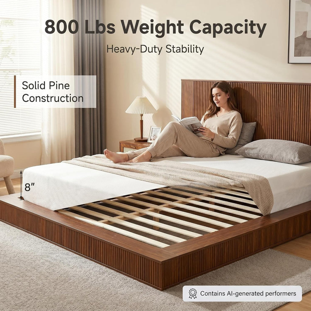 Japanese Wooden Floor Bed Frame Queen with Walnut Headboard