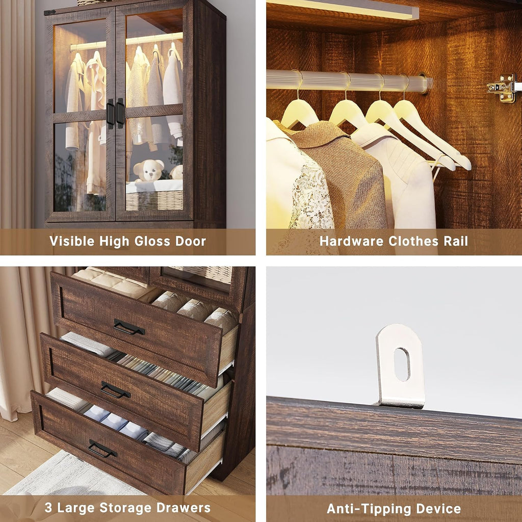 75" Tall Farmhouse 2 Doors Armoire Wardrobe Closet with 3 Drawers and LED,Freestanding Closet Wardrobe Cabinet with