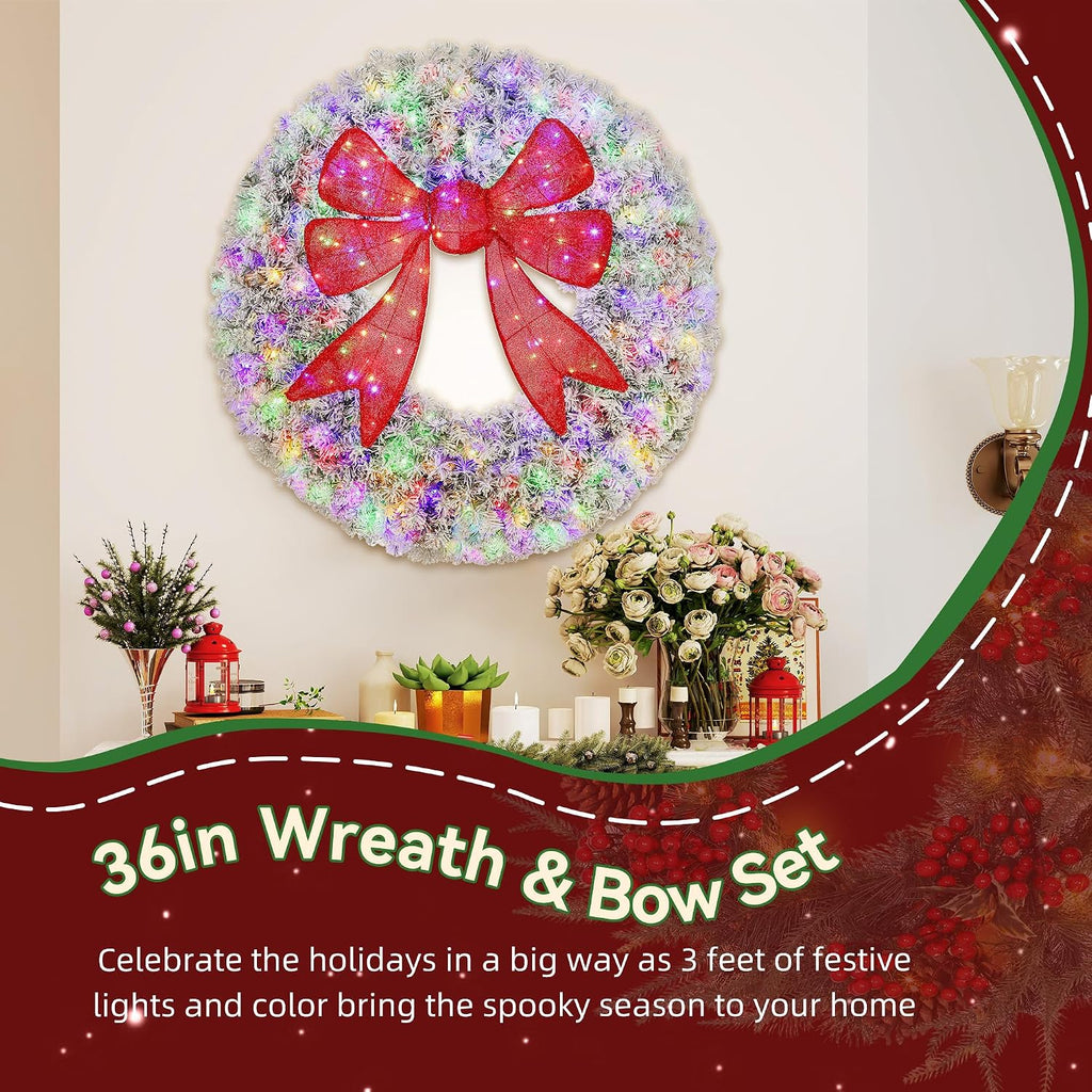 36in Flocked Pre-Lit Artificial Christmas Wreath with 3D Red Bow