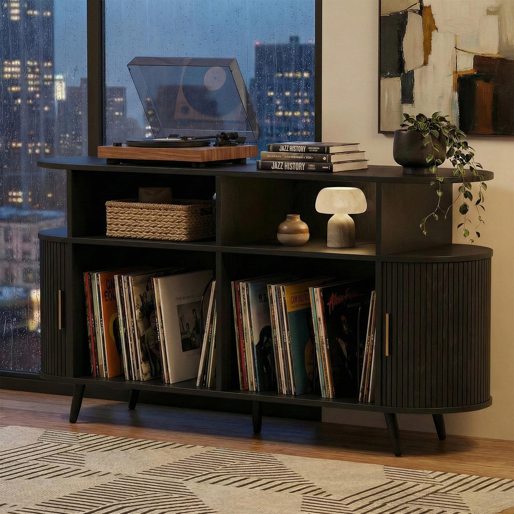Large Record Player Stand with Storage, Media Stereo Shelf Charging, Black