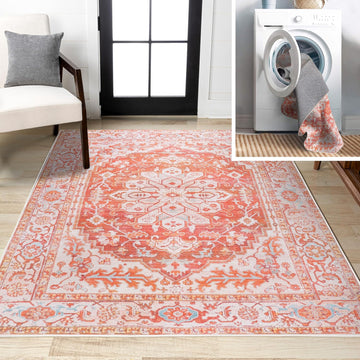 Machine Washable Orange/Cream Indoor Area Rug, ASA Ornate Medallion, Easy-Cleaning, High Traffic