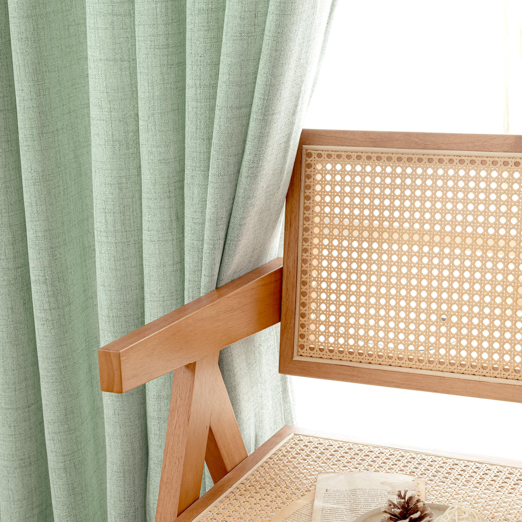 Sage Green Linen Curtains 45 Inches Length Window, Textured Semi Sheer Drapes with Bronze Grommet Light Filtering
