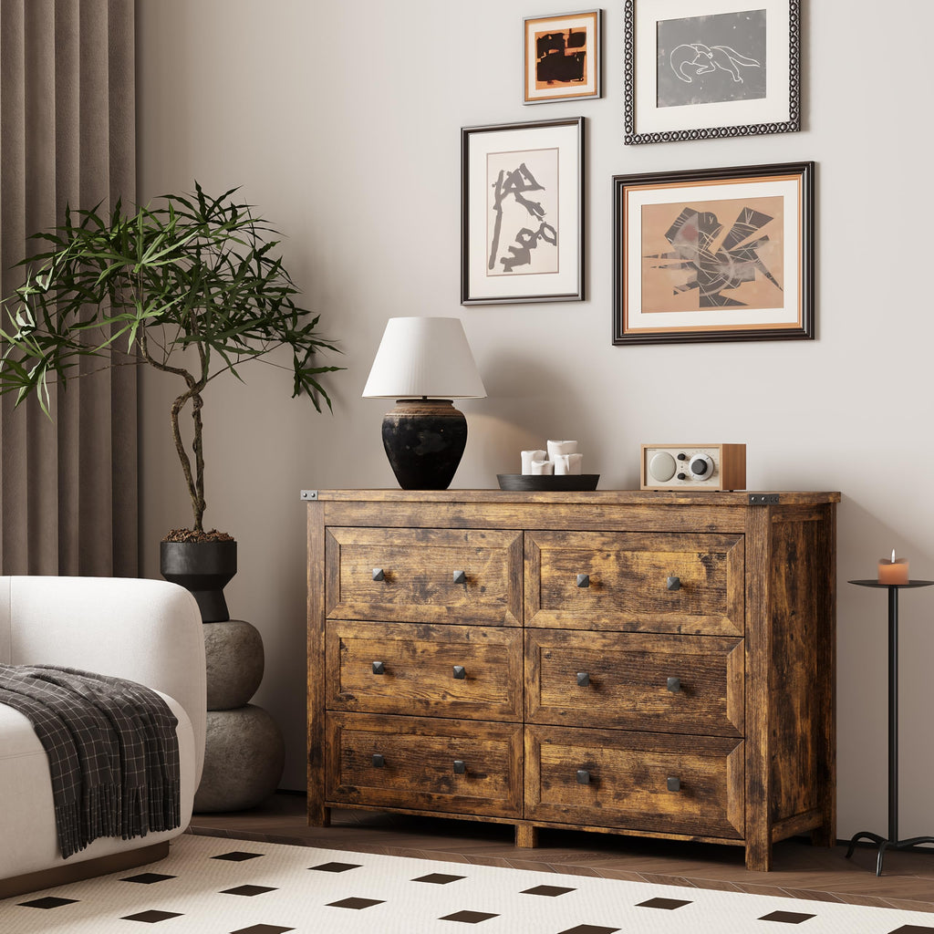 47.2" Wide 6-Drawer Farmhouse Dresser, Brown