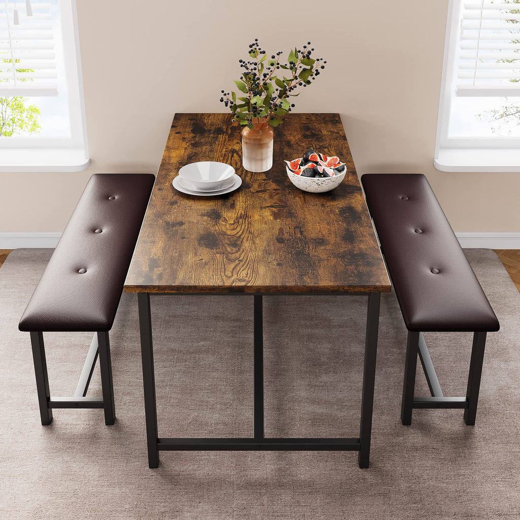 Dining Table Set for 4, Kitchen Table with Upholstered Bench, Rectangular Dining Room Table Set with 2 Benches, 3